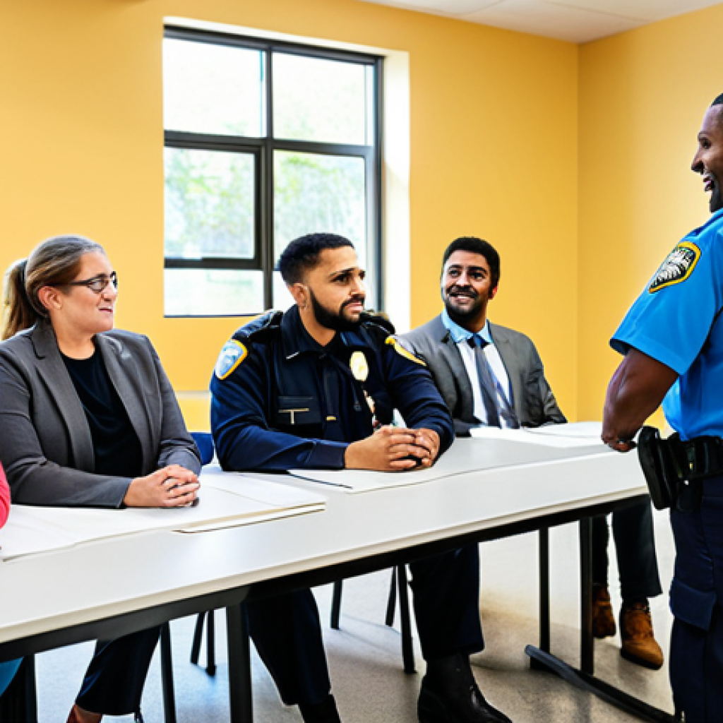 Community Collaboration**

"A diverse group of people, including a police officer in professional attire, a victim advocate in modest clothing, and community members, are gathered around a table discussing community safety initiatives. The setting is a bright, modern community center. Focus on collaboration and positive interaction. Fully clothed, appropriate attire, safe for work, perfect anatomy, natural proportions, professional illustration, high quality, family-friendly."

**
