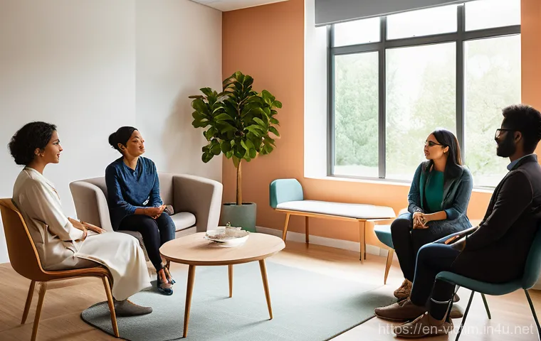 범죄 피해자 지원단체 활동 사례 - **Prompt:** A diverse group of 4-6 adults, aged 25-60, are seated comfortably in a brightly lit, mod...