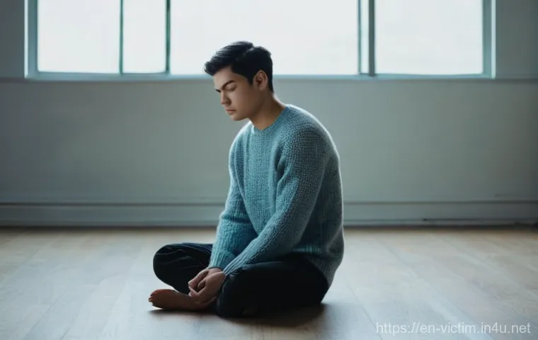 범죄 피해자 회복을 위한 치료법 연구 - **Prompt:** A solemn, contemplative adult figure (gender-neutral) sitting alone in a softly lit room...