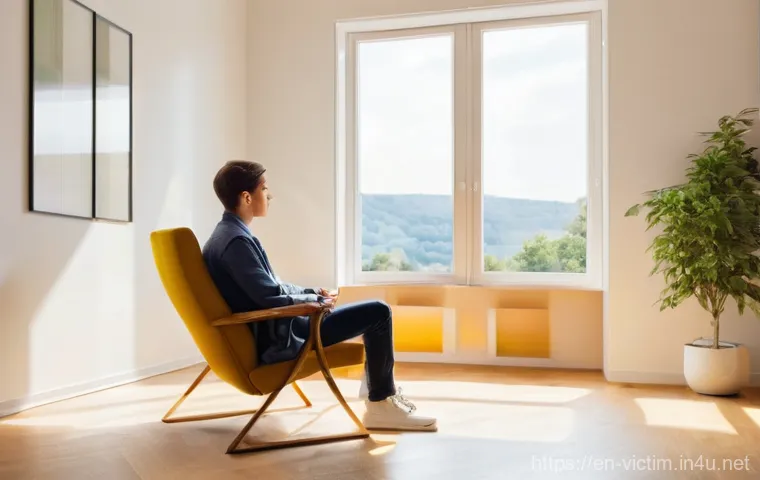 범죄 피해자 회복을 위한 치료법 연구 - **Prompt:** A solemn, contemplative adult figure (gender-neutral) sitting alone in a softly lit room...