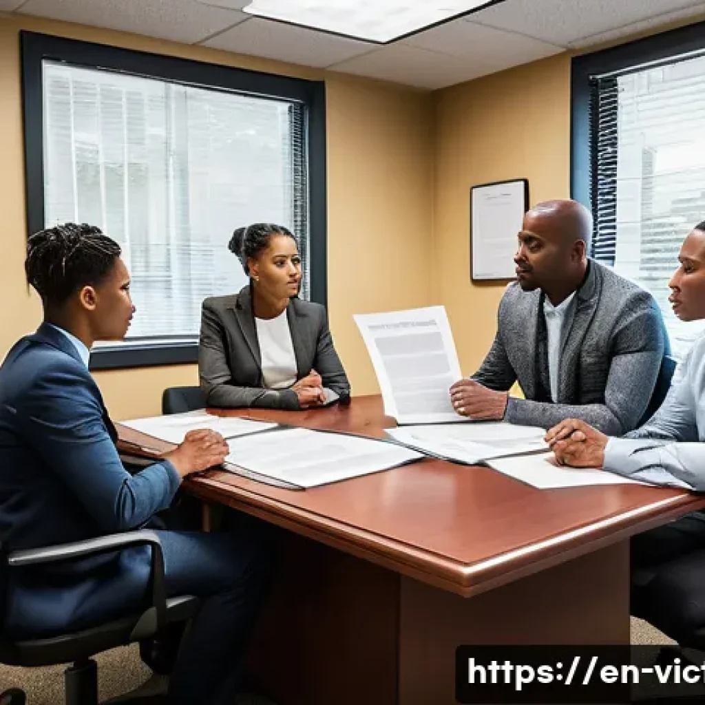 범죄 피해자 법적 보상 기준 - A compassionate scene in a modern legal aid office where a diverse group of crime victims consults e...