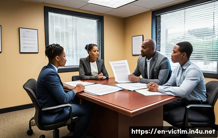 범죄 피해자 법적 보상 기준 - A compassionate scene in a modern legal aid office where a diverse group of crime victims consults e...