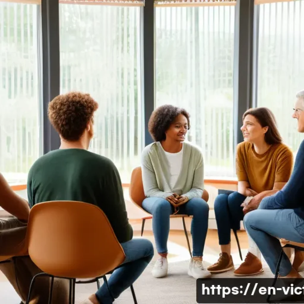 범죄 피해자 트라우마 치료 - A compassionate group therapy session in a cozy, well-lit room with diverse adults seated in a circl...