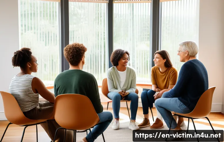 범죄 피해자 트라우마 치료 - A compassionate group therapy session in a cozy, well-lit room with diverse adults seated in a circl...