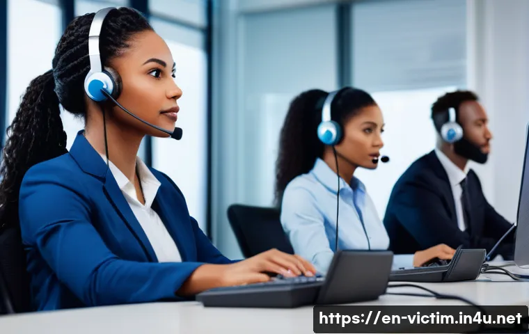 범죄 피해자 후원 단체 - A warm, inviting crisis hotline call center scene featuring a diverse group of empathetic counselors...