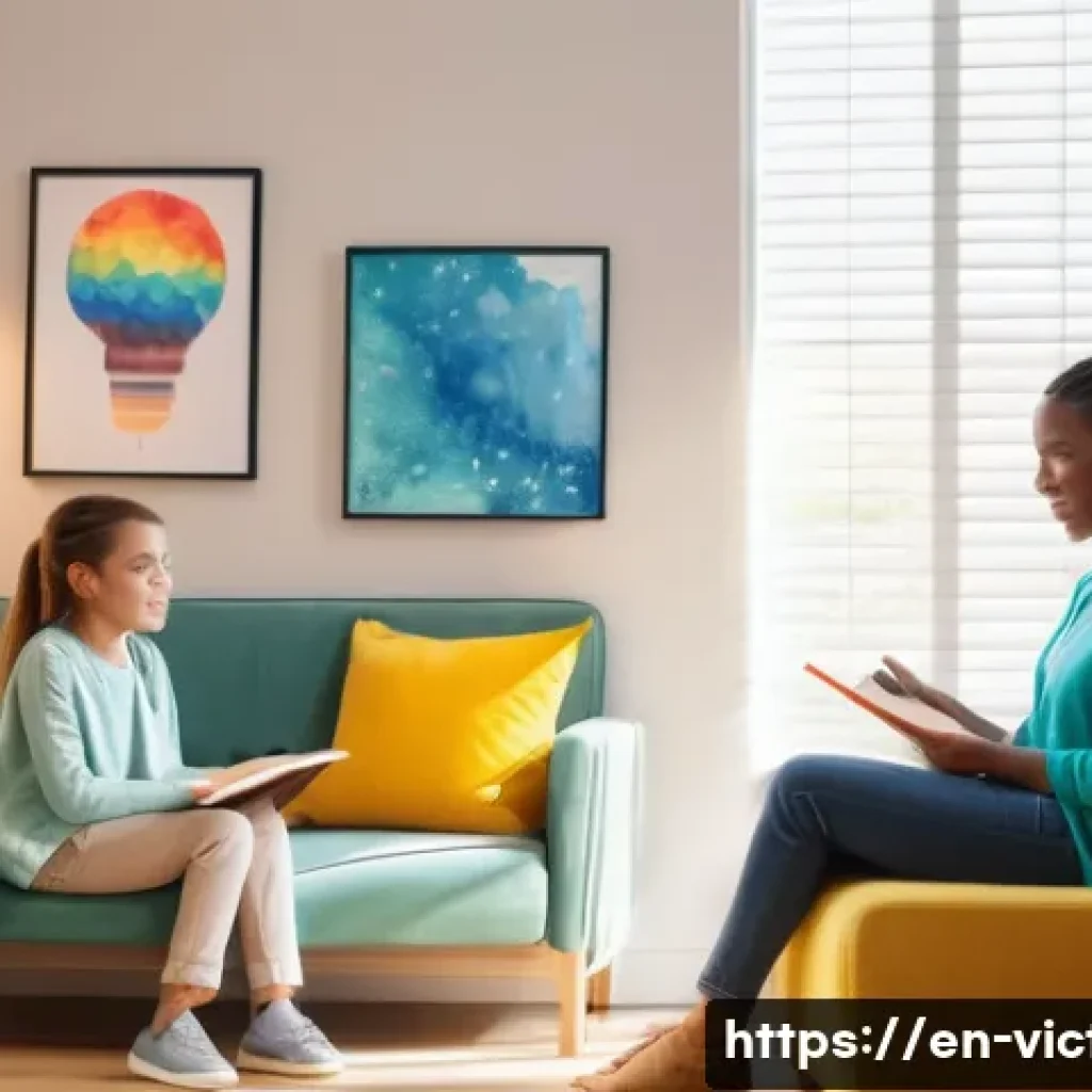 범죄 피해자 자녀 보호 - A warm and inviting counseling room scene showing a compassionate adult female counselor sitting bes...