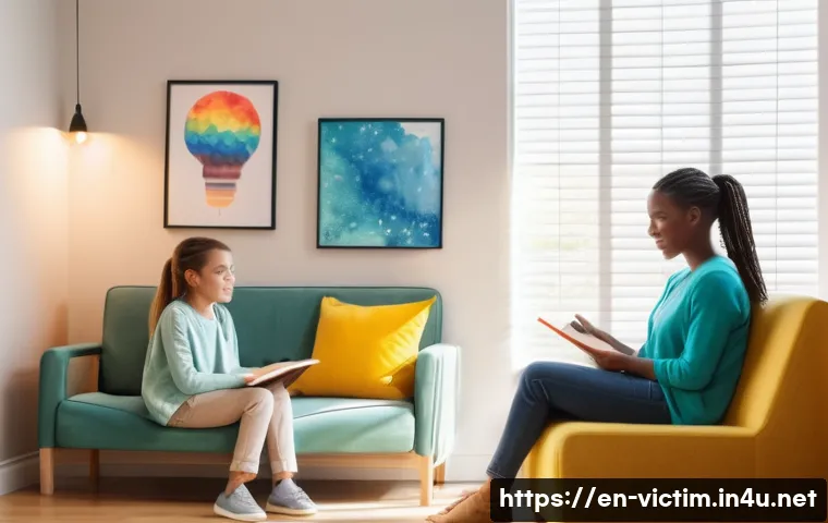 범죄 피해자 자녀 보호 - A warm and inviting counseling room scene showing a compassionate adult female counselor sitting bes...