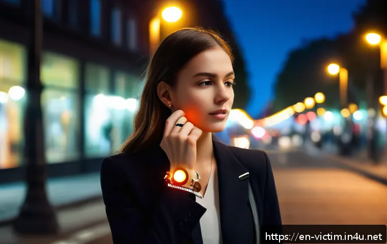 범죄 피해자 보호 시스템 강화 방안 - A modern urban scene showing a diverse young woman discreetly pressing a panic button on a sleek, st...