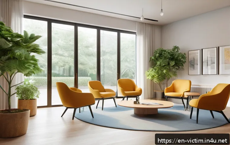 범죄 피해자 지원 기관의 역할과 책임 - A warm, inviting counseling room with soft natural light filtering through large windows, comfortabl...
