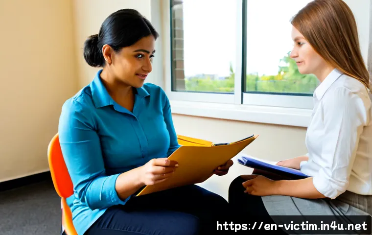 범죄 피해자 지원 사례 - Photorealistic scene of a compassionate victim support advocate in a calm community office, seated a...